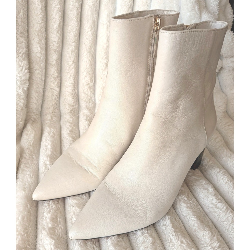 J.Crew Ivory Leather Ankle Boots Tortoiseshell Heel Pointed Toe Size 7